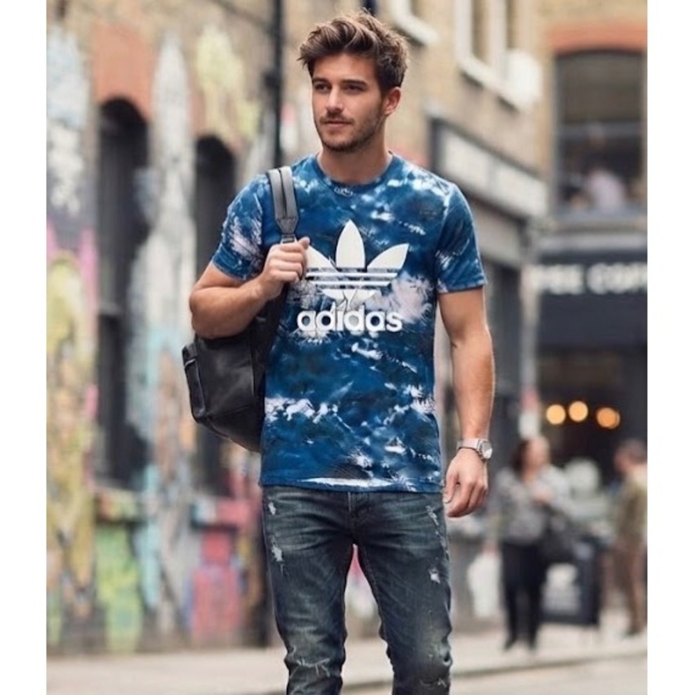 Adidas Originals Mens Blue White Cloud Tree Print Trefoil Logo T-Shirt Medium